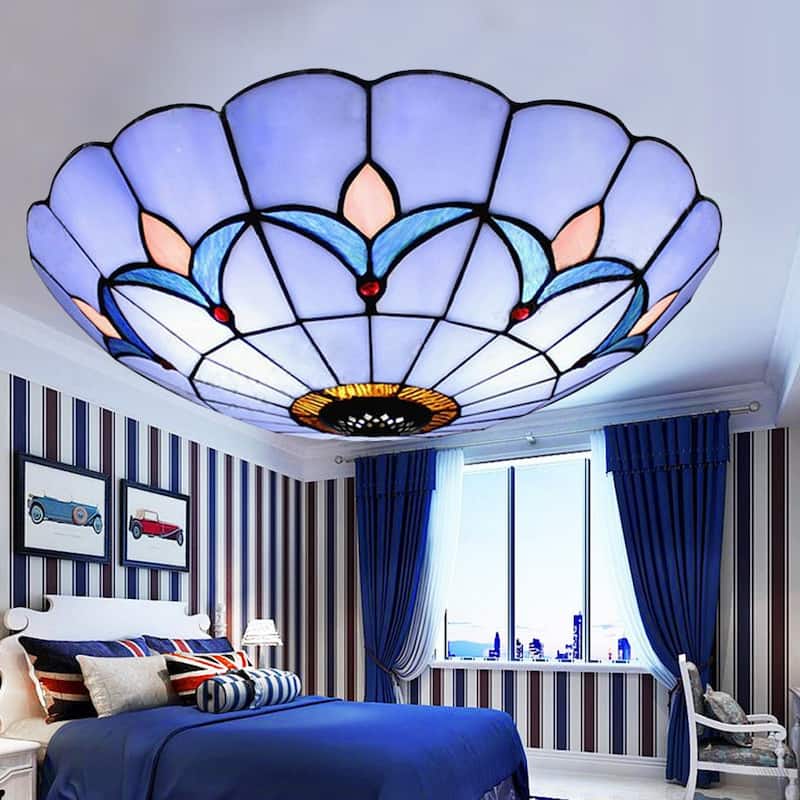 12"Tiffany Style Stained Glass Flush Mount Vintage Lamp Fixture - 11.81''