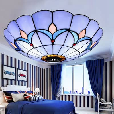 12"Tiffany Style Stained Glass Flush Mount Vintage Lamp Fixture - 11.81''