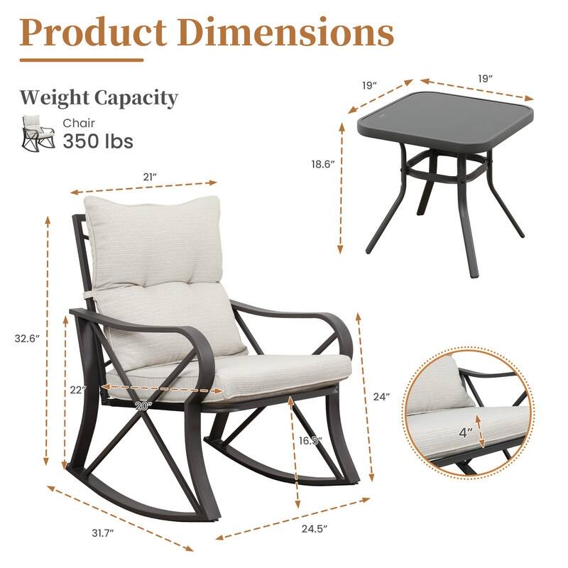 COSIEST 3-piece Outdoor Rocking Chair Chat Set with Side Table