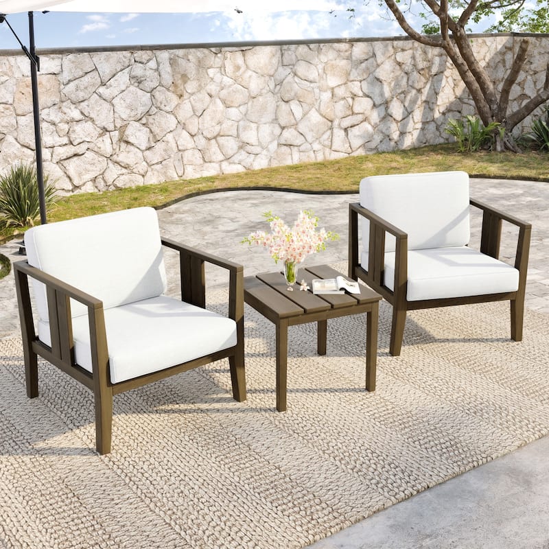 Teak Wood Upholstery Water-resistant Outdoor Armchair and Side Table Set (Set of 3)