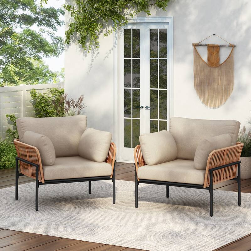 Modern Rattan Lounge Chair with Metal Frame & Cushions Patio Rope Weave Accent Armchair for Indoor, Poolside, Garden, Set of 2 - Beige+Natural