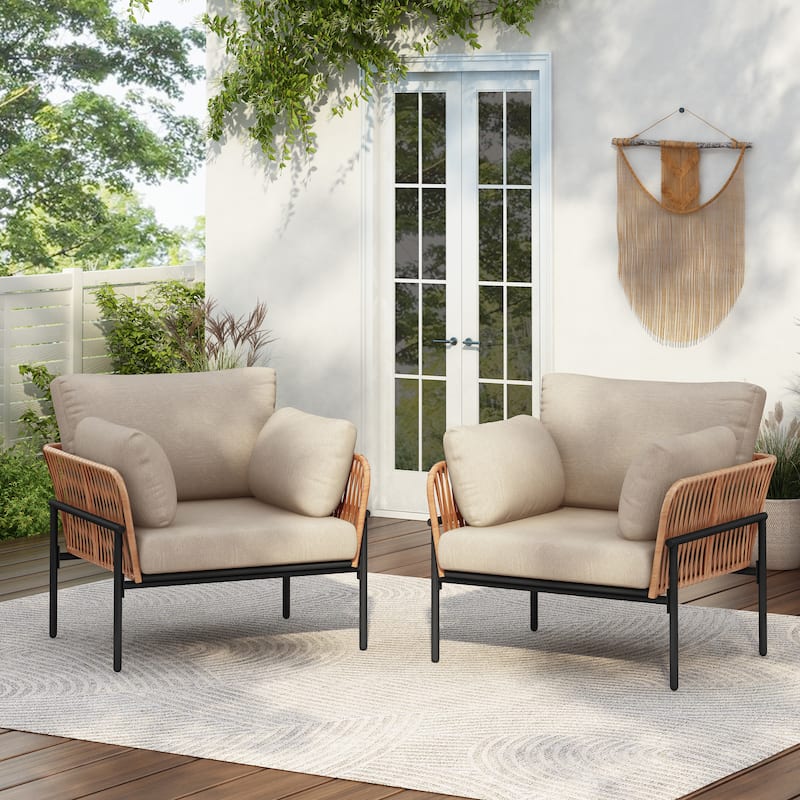 Roomfitters 36" Outdoor Lounge Chair with Rope Weave, Metal Frame and Beige Cushions, Modern Patio Armchair