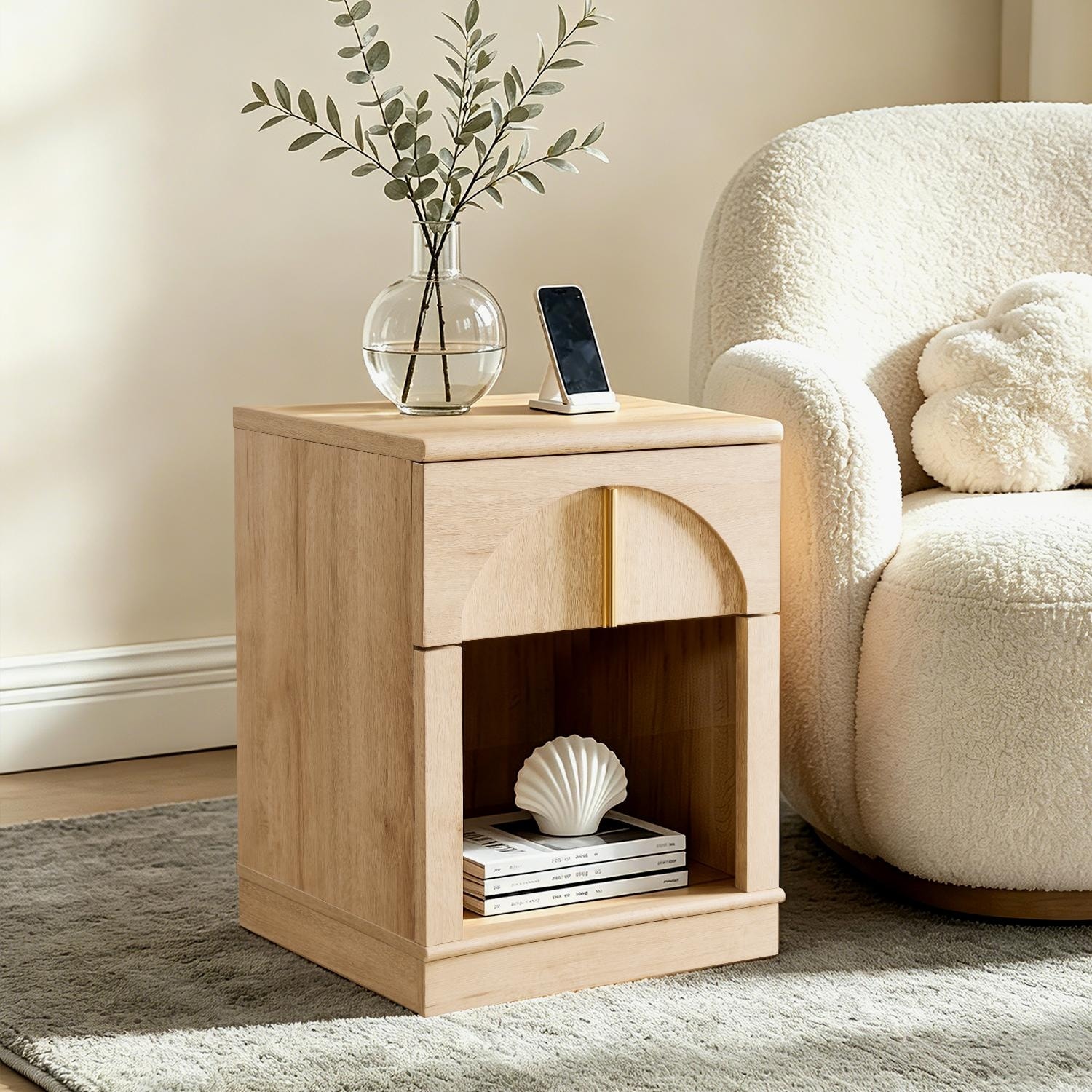 Modern Nightstand w/ Arched Panel, Bedside Table w/ Charging Station