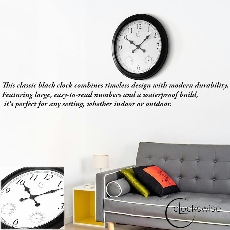 Large Outdoor Wall Clock Thermometer Combo, Waterproof Silent Garden Weather Station Home Indoor Patio Pool Black