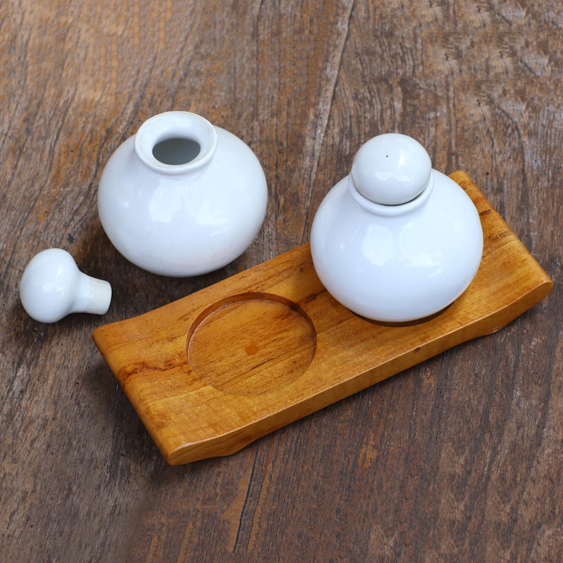 Novica Handmade Splendid Bath In White Ceramic And Teakwood Bathroom Set