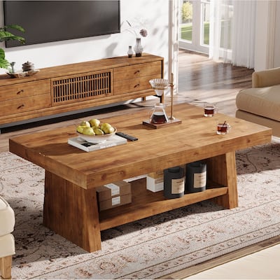 Solid Wood Coffee Table with Storage Shelves, 2 Tier Center Table for Living Room, Farmhouse Style