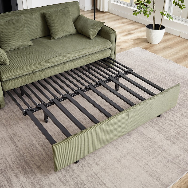 3-in-1 Pull Out Sleeper Sofa Bed, Convertible Corduroy Loveseat Couch with Casters, 4 Pillows and Side Pockets for Living Room