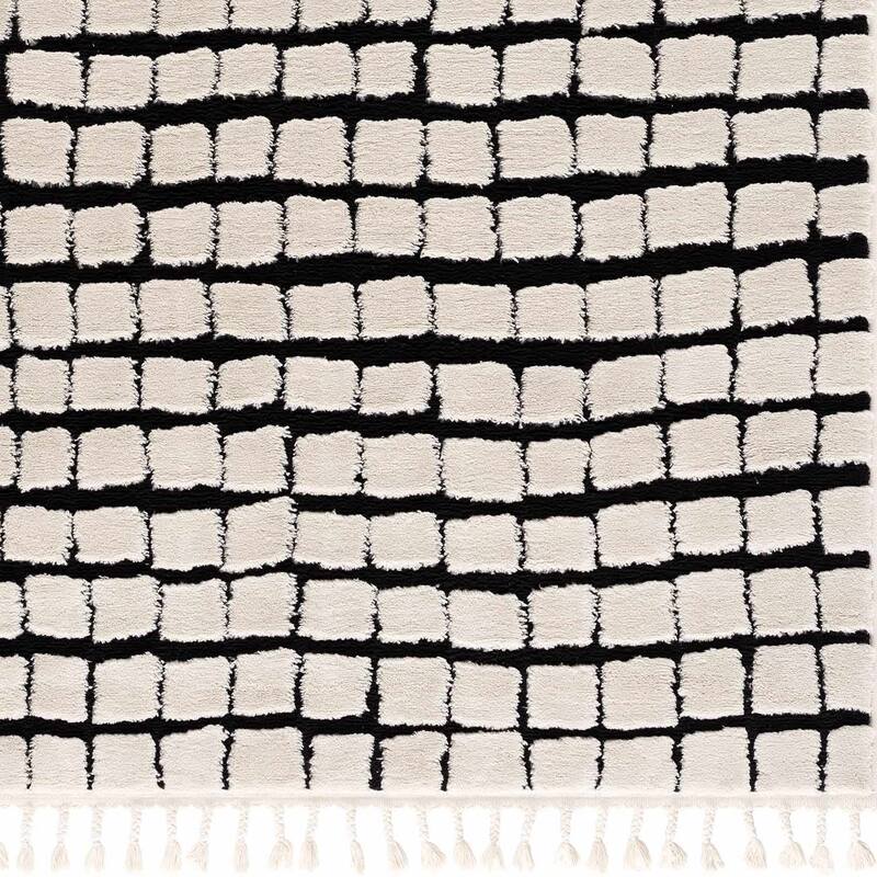 Hauteloom Shag Farmhouse Tasseled Cream & Black Area Rug