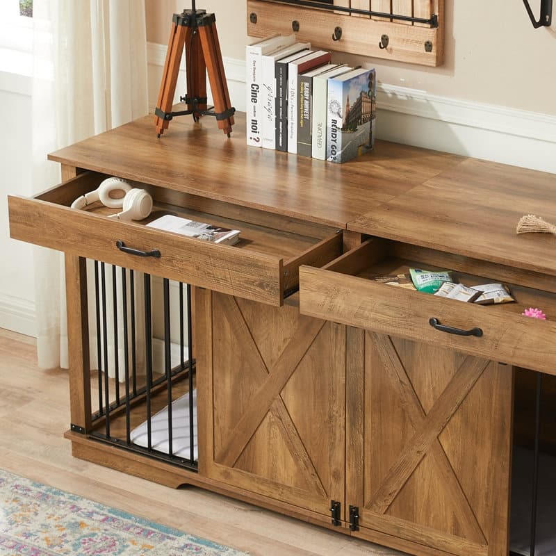 Wood Barn Door Large Dog Crate Furniture With 2 Drawers and Divider