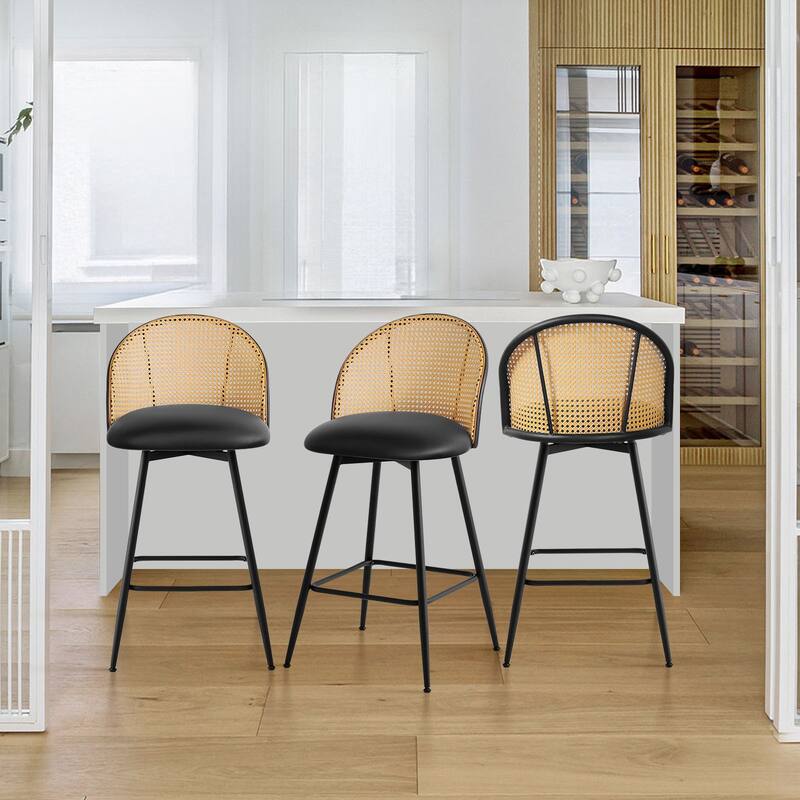 Upholstered Swivel Counter/ Bar Stools with Rattan Back