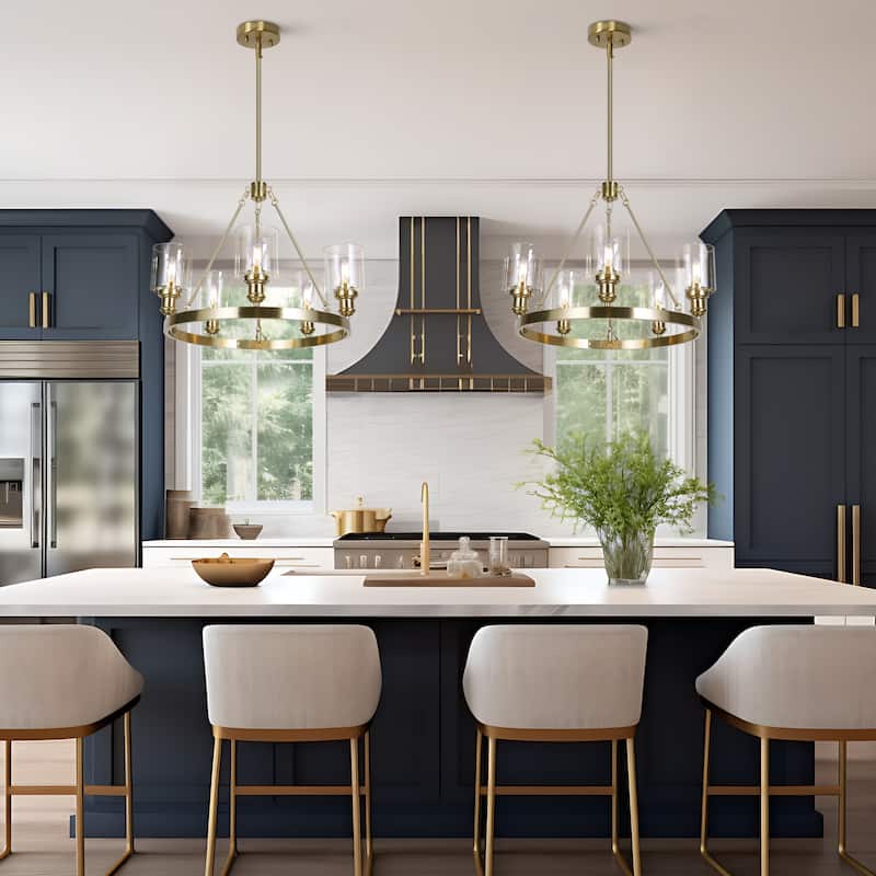 Oriva Modern 5-Light Gold Wagon Wheel Chandelier with Clear Glass Shades - Brushed Electroplated Copper - Dia.25"xH26.5"