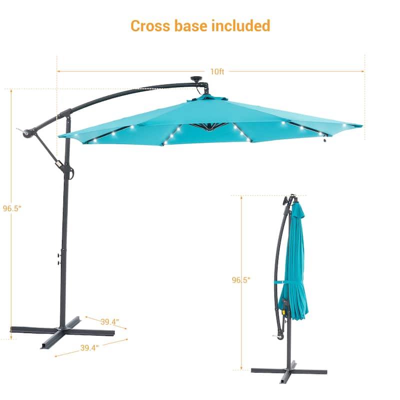 10Ft LED Patio Offset Umbrella Hanging Circle Umbrellas,w/Cross Base