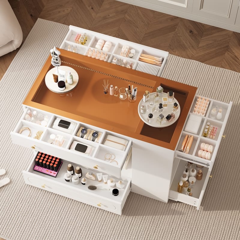 Closet Island with 6 Drawers, Wardrobe Armoire Bedroom Island with Glass Display Top and Open Shelves, Jewelry Storage