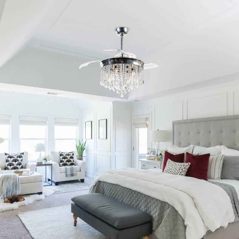 42" Modern Chrome Retractable Blades Ceiling Fan with Light and Remote Control - 42.0 In. W X 21.9 In. H X 42.0 In. D