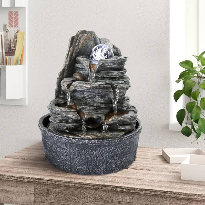 Cascading Rockery Water Fountain with LED Lights, Resin Water Feature
