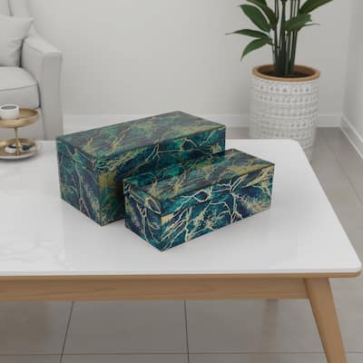 Dory Decorative Box Set of 2, Green Blue Faux Marble Accent Glass