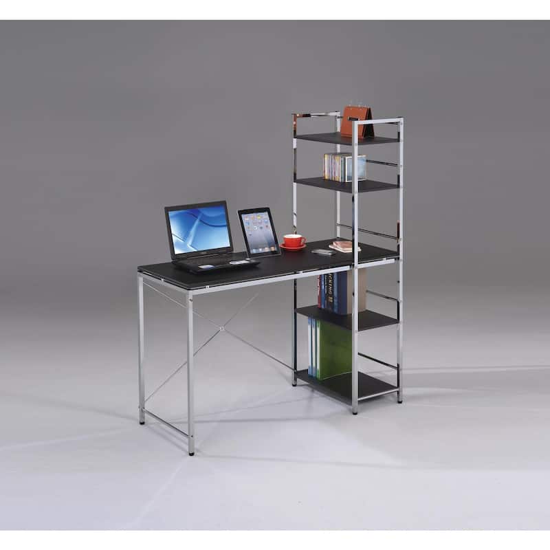 Modern Computer Desk with Shelves - Black & Chrome Workstation for Home Office