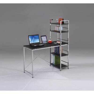 Modern Computer Desk with Shelves - Black & Chrome Workstation for Home Office
