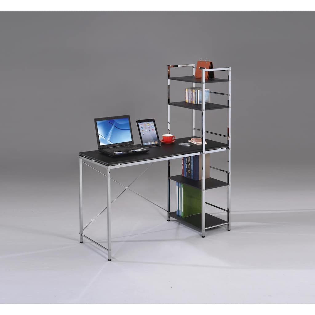 Modern Computer Desk with Shelves - Black & Chrome Workstation for Home Office