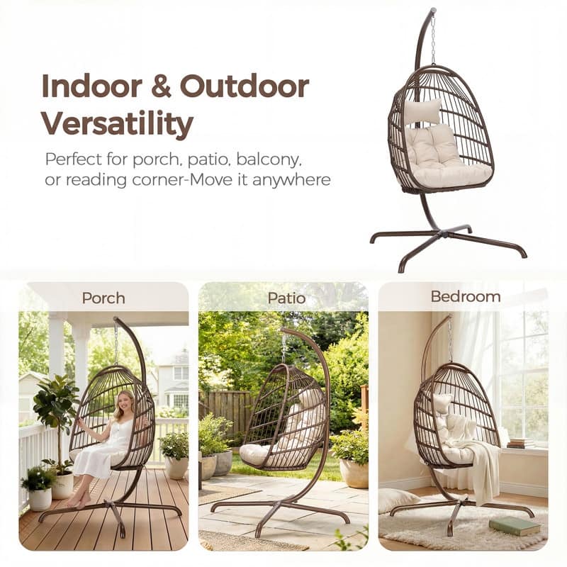 Oversized 1-Person Foldable Hanging Egg Chair - Wicker Swing Chair with Stand, Portable for Indoor Outdoor Patio