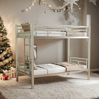 Twin Over Twin Metal Bunk Bed with Convertible Design and Guardrail,Kids Bed Design