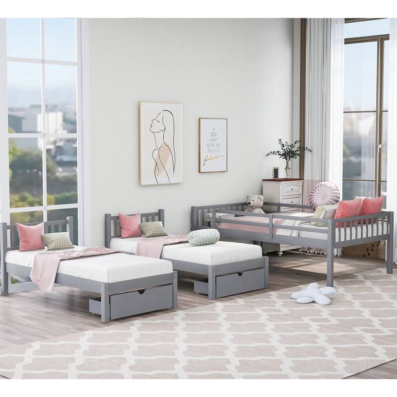 Triple Bunk Bed with Ladder and Storage Drawers, Full Over Twin & Twin Bedframe, Solid Wood Detachable Triple Bed for Kids Teens