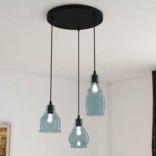 Millie 3L Bronze Farmhouse Jar Pendant Chandelier Ceiling Light Fixture Blue Glass - 17.5-in W x 17.75-in H x 17.5-in D