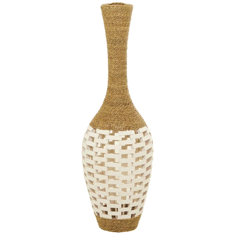 Seagrass Handmade Wrapped Tall Floor Vase with Cream Mosaic Bamboo Center - Brown - Roche River Decor - 13"W x 13"L x 40"H
