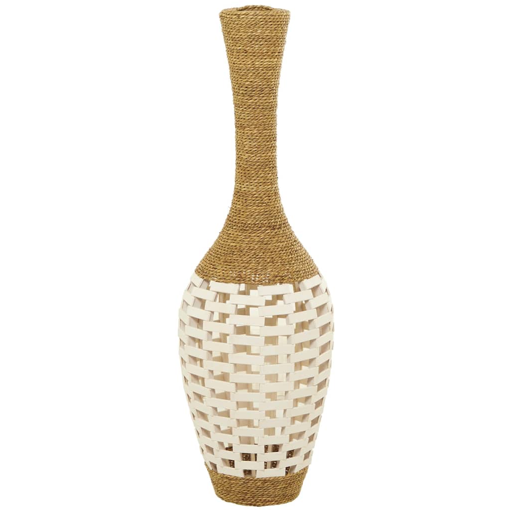 Seagrass Handmade Wrapped Tall Floor Vase with Cream Mosaic Bamboo Center - Brown - Roche River Decor - 13"W x 13"L x 40"H