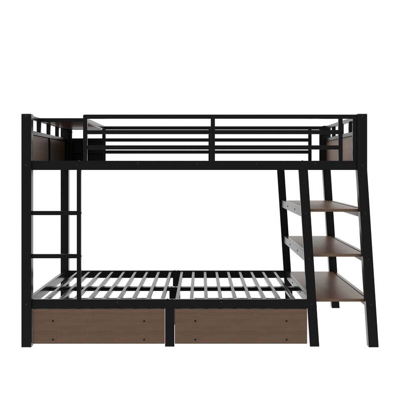 Metal Bunk Bed with Open Storage Shelves, Underbed Drawers and Built-in Desk with Charging Station for Guest Rooms or Dorms