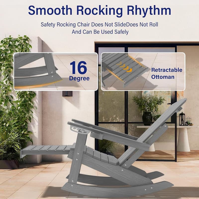 WINSOON HIPS Outdoor Rocking Chair with Adjustable Backrest and Retractable Ottoman-Set of 2
