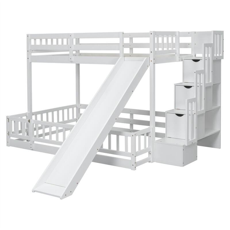 Twin Over Full Size Floor Bunk Bed with Slide and Safety Guardrails, Wooden Bunk Bedframe with Storage Staircase and Fence