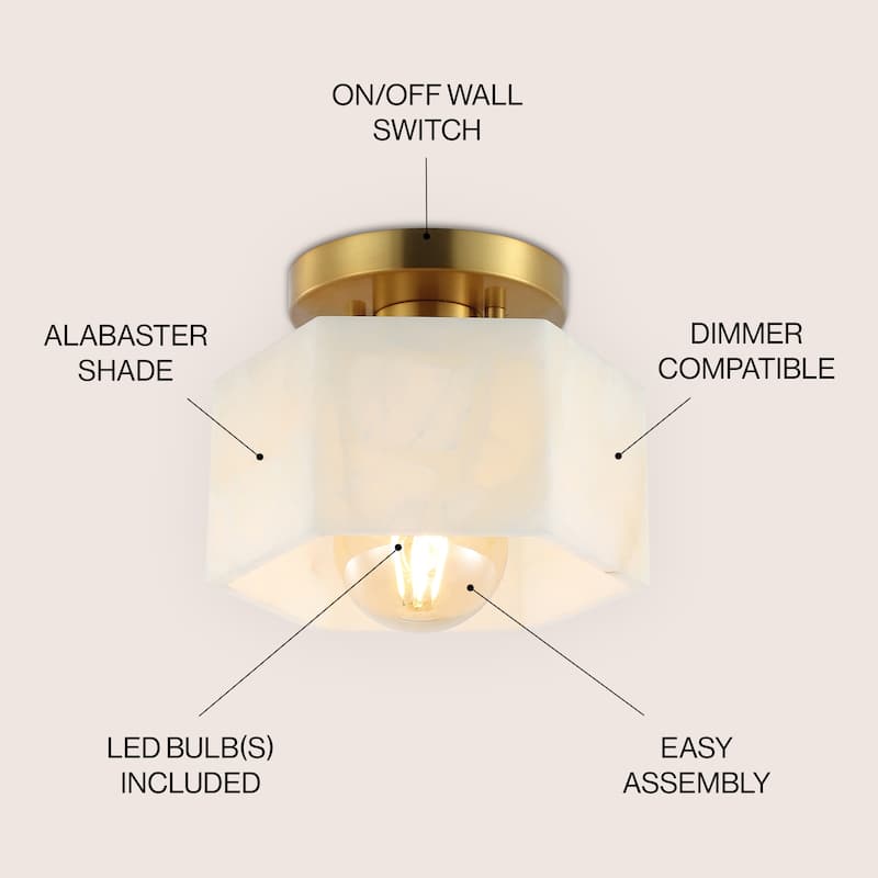 Celine 8" 1-Light Modern Contemporary Alabaster/Iron Hexagonal LED Semi Flush Mount, White Marbling/Brass Gold by JONATHAN Y