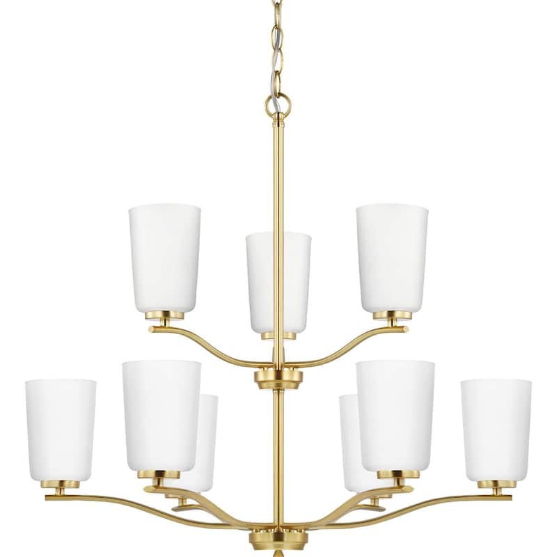 Adley Collection Nine-Light Satin Brass Etched White Glass New Traditional Chandelier - 28 in x 28 in x 26.12 in