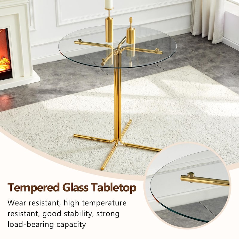36" Round Glass Bar Table - Tempered Glass Top, Gold Chrome Column Base, Space-Saving Design