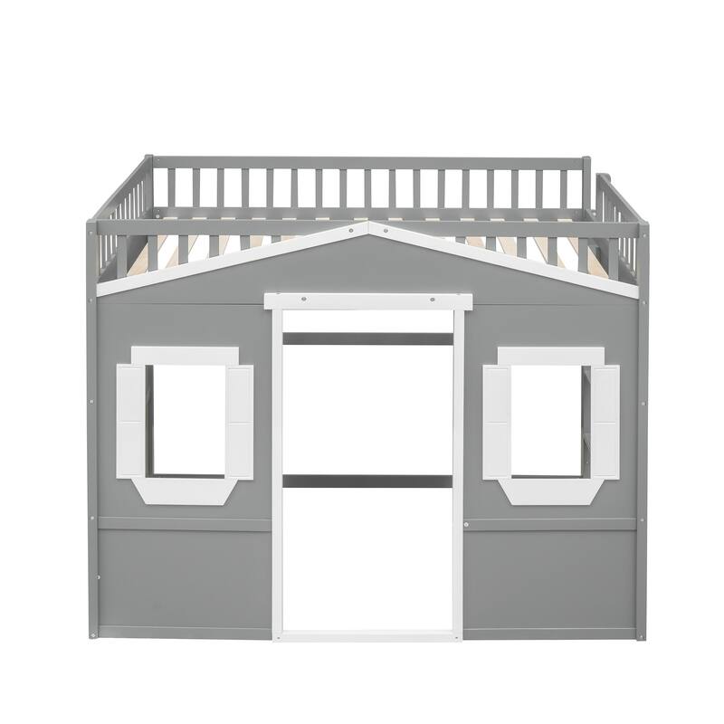 Gray+White Full Size Solid Wood House Loft Bed with Ladder