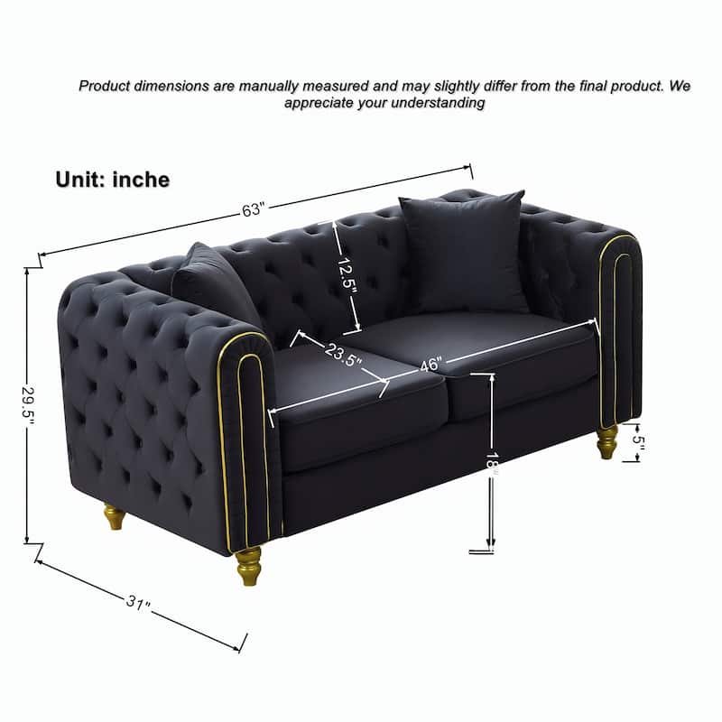 Roomfitters 63" Modern Upholstered Chesterfield Loveseat with Gold Trim, Button Back 2-Seater Couch for Small Spaces