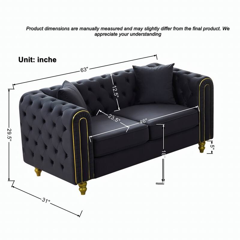 Roomfitters 86" and 63" Modern Tuxedo Chesterfield Sofa and Loveseat Set with Gold Trim, Button Back 2-Piece Couch Set