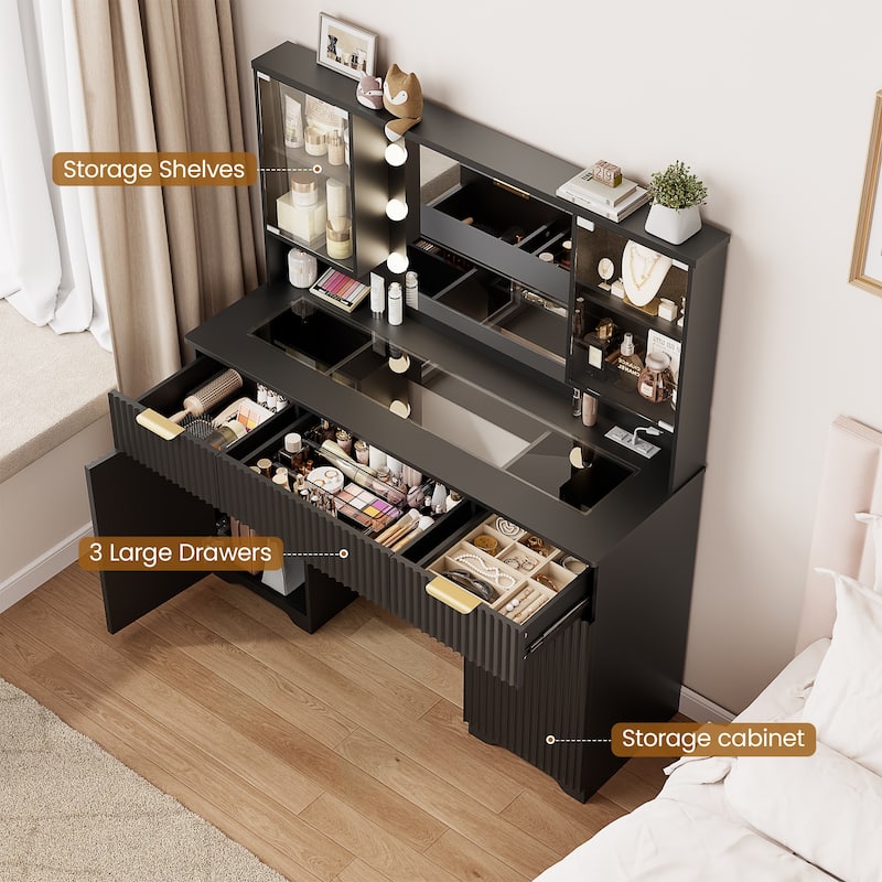 47" Modern Makeup Vanity Desk with Mirror and Large Cabinets, Dressing Table