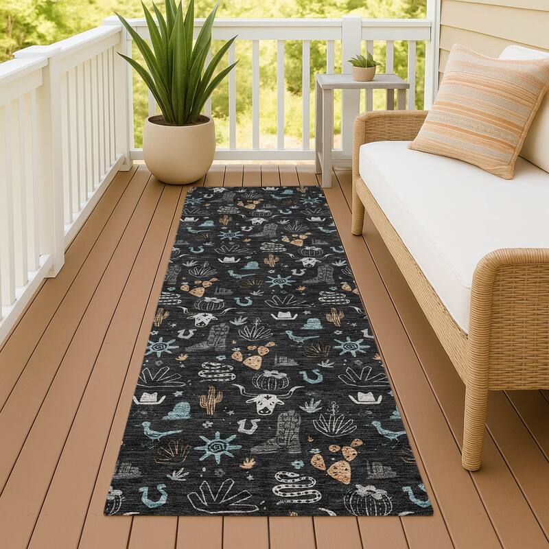 Machine Washable Indoor/ Outdoor Cowboy Ranch Chantille Rug - Black - 2'3" x 7'6"