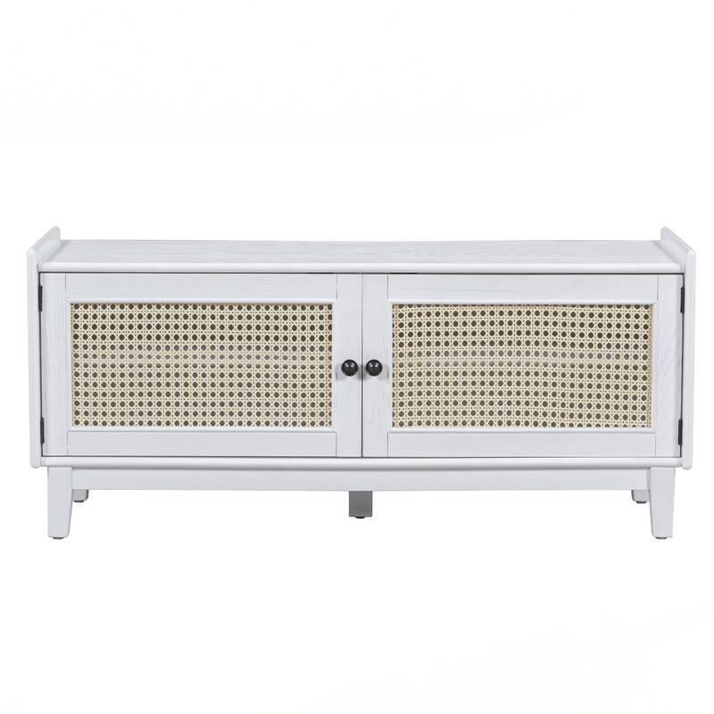 Rattan Entryway Bench with Storage, Cushioned Shoe Bench with Double Doors