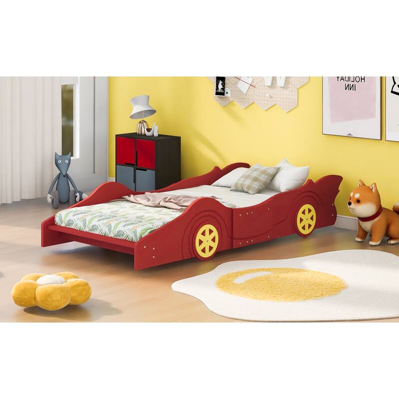 Twin Size Race Car Bed with Wheels and Rails, Fun Design for Kids' Rooms