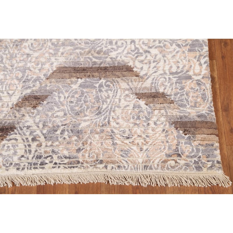 Beige Striped / Abstract Indian Area Rug Handmade Wool Carpet - 3'10"x 6'0"