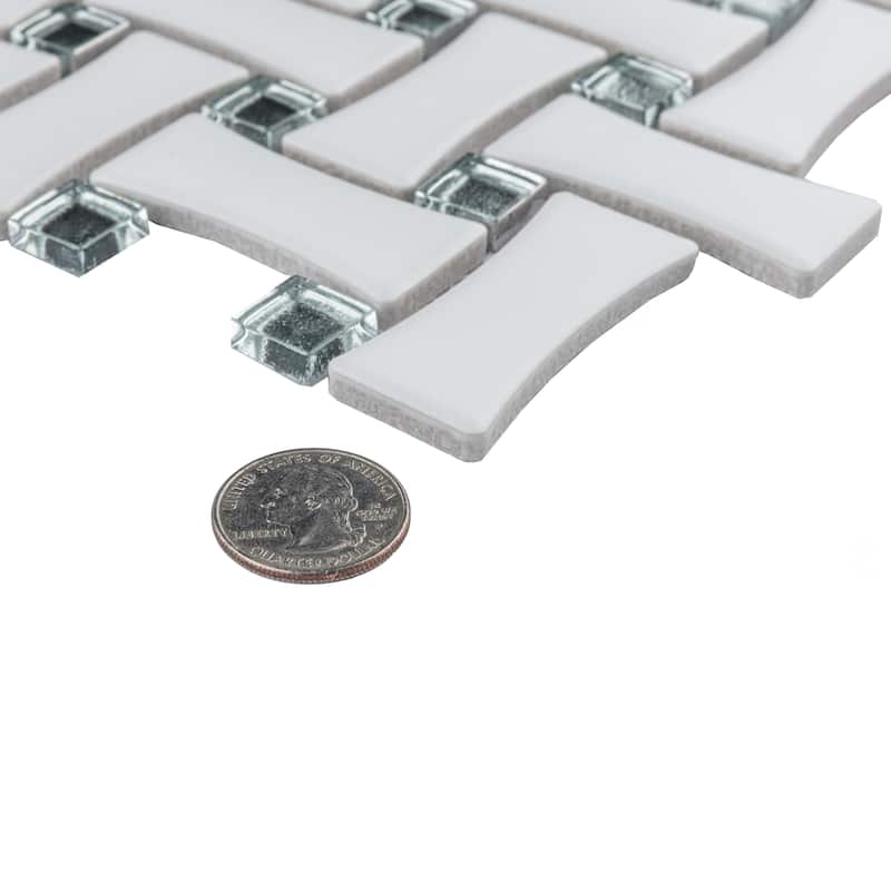 Merola Tile Metro Dog Bone Basketweave Matte White with Glass Silver Dot 10" x 10" Porcelain Mosaic Wall Tile