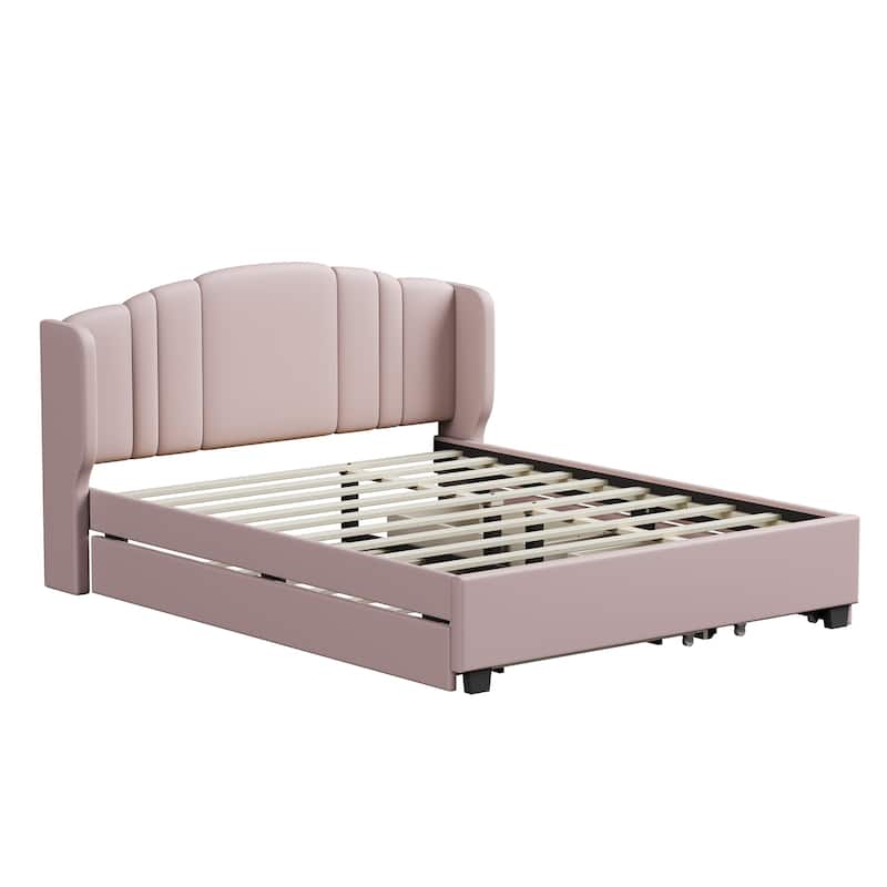 Upholstered Platform Bed with Wingback Headboard, Twin Trundle and 2 Drawers - Pink