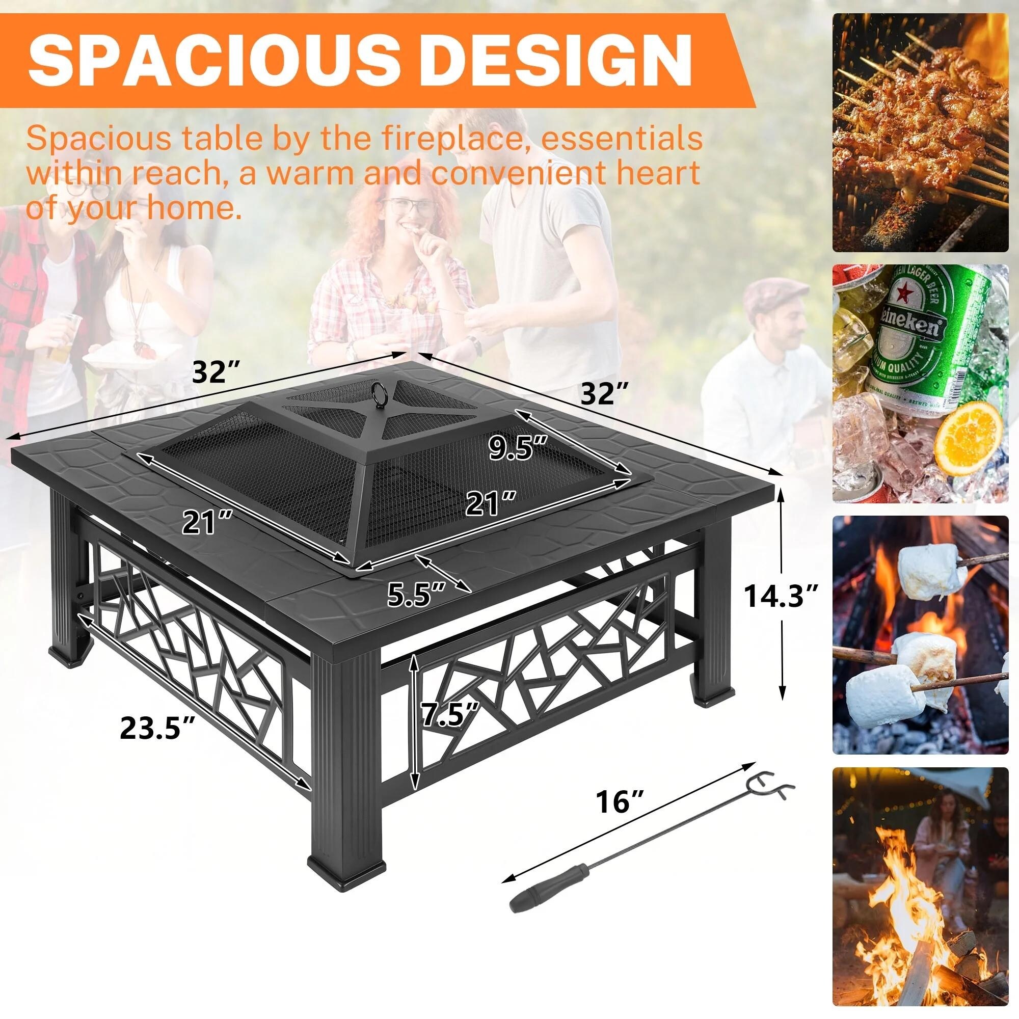 32" Wood Burning Fire Pit,Outdoor Fire Pit Table with Screen Lid, Poker,BBQ Net, Food Clip & Cover - 32"Wx32"Wx14.3"H