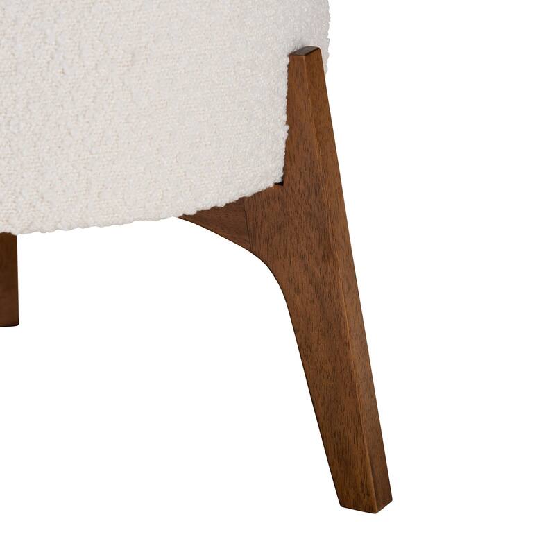 Elkie Japandi Cream Boucle Fabric and Walnut Brown Finished Wood Ottoman Footstool