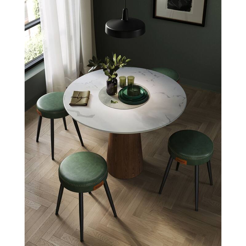 Mid-Century Modern Dining Stools, Synthetic Leather with Stitching - 20.3"D x 20.3"W x 30"H - Set of 2 - Forest Green