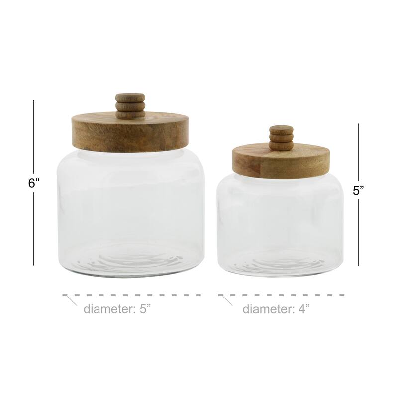 Glass Canisters with Wood Lids - Set of 2 Clear - Roche River Decor - 5"W x 5"L x 6"H