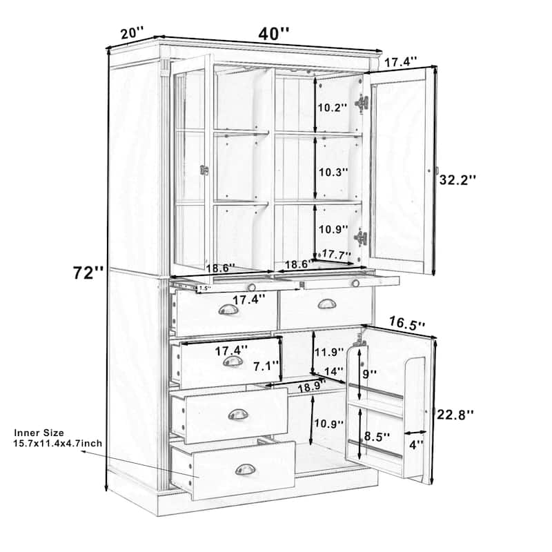 72''H Kitchen Pantry, Display Storage Cabinet with Glass Doors and Drawers, Serving Trays and Shelves